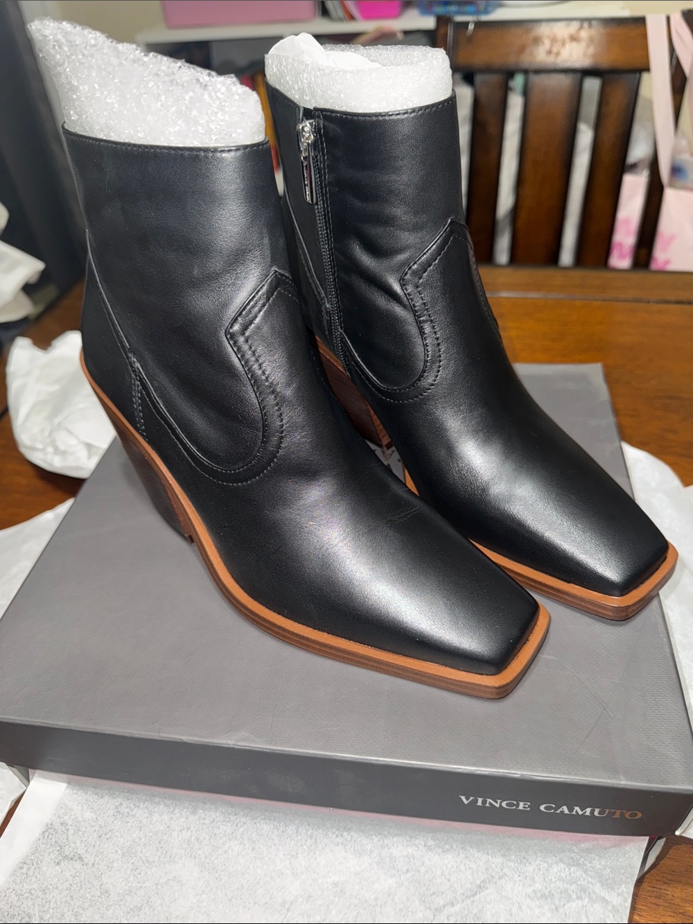 NWT & Box Vince Camuto Black Leather Ankle Boots with Tan Trim